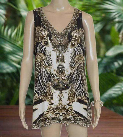 Cougar silk embellished tank top with animal print and gold/silver beadwork, V-neck A-line design