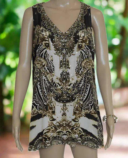 Cougar silk embellished tank top with gold and silver beadwork animal print design