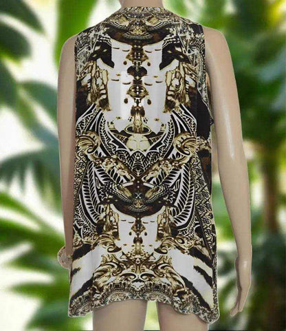 Cougar silk embellished tank top with animal print and gold beadwork, sleeveless A-line design by Fashion Spectrum