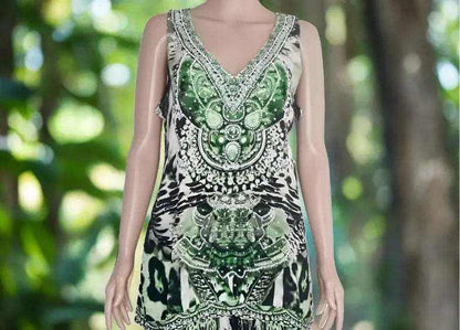 Garbo green silk cami with V-neck, intricate white and silver beadwork, and multi-animal print design.