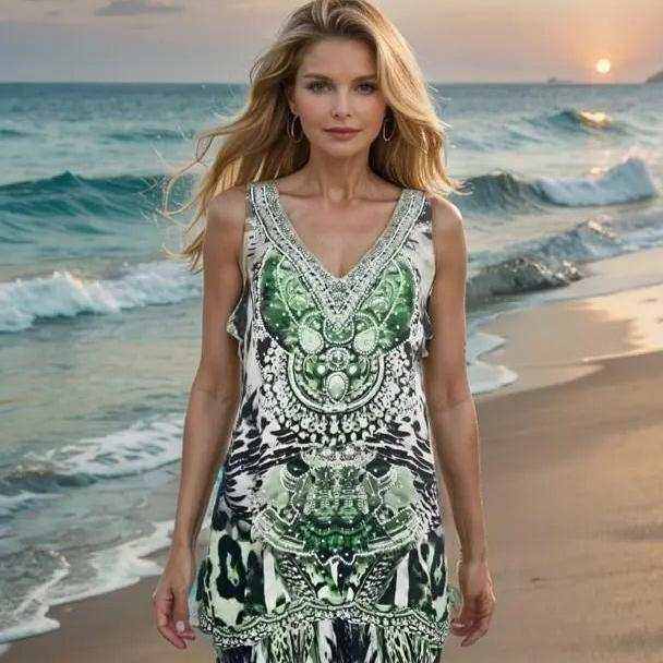 Woman wearing Garbo green silk cami with beadwork and animal print on beach at sunset