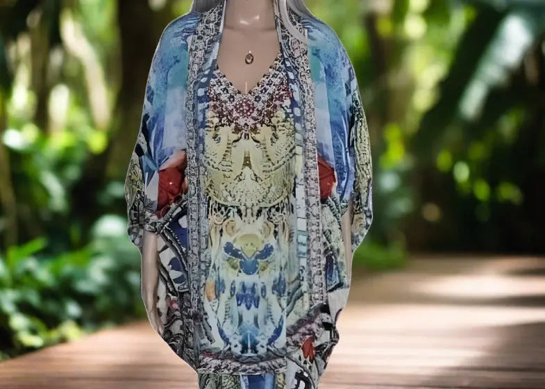 Paradise blue short silk cape - Kaftans that Bling