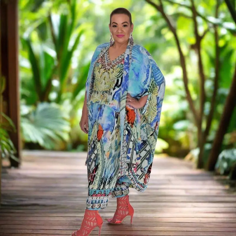 Paradise blue silk butterfly top - Kaftans that Bling