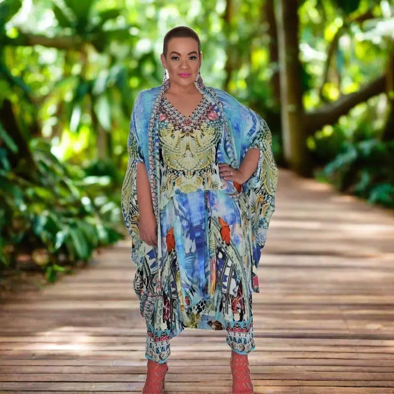 Paradise blue silk butterfly top - Kaftans that Bling