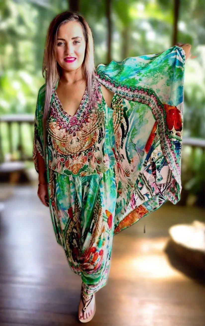 Paradise green silk cami - Kaftans that Bling