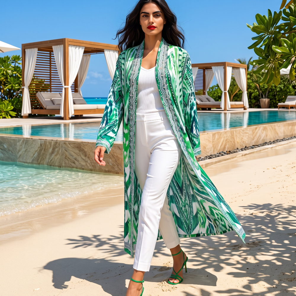 Saffron Green Long Silk Embellished Jacket