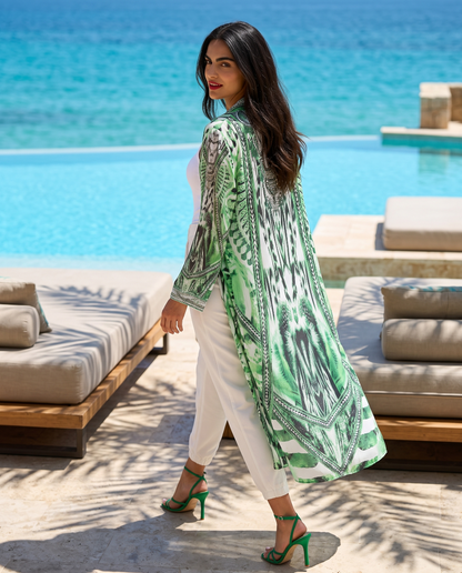 Saffron Green Long Silk Embellished Jacket