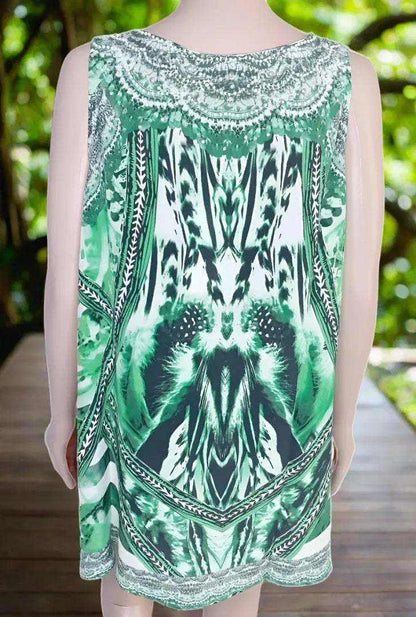 Saffron green short silk cami with bold animal print and handsewn white and silver beadwork