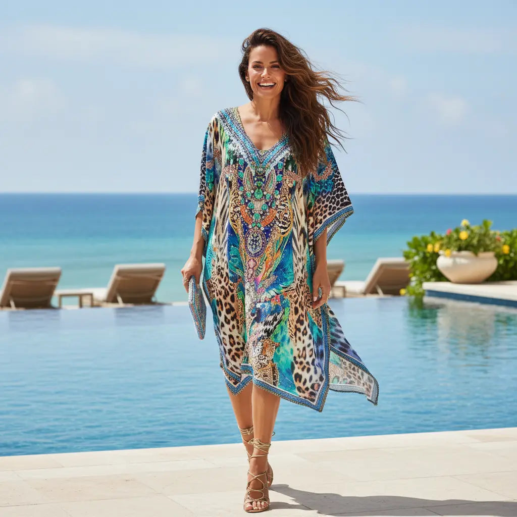 Short Embellished Silk Kaftan - Peacock at Kaftans that Bling
