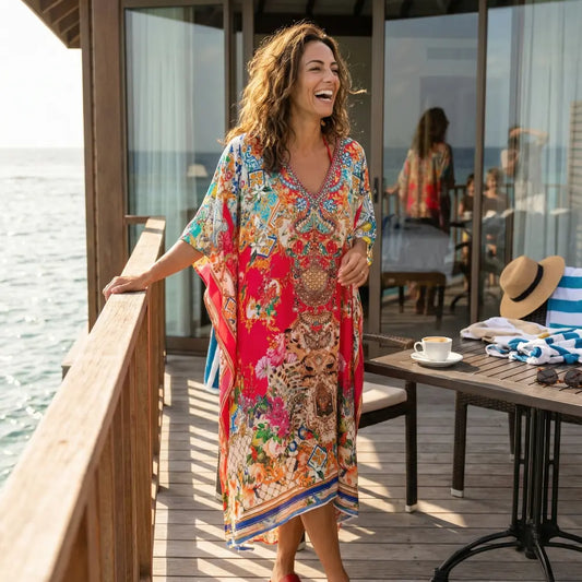 Short Embellished Silk Kaftan - Venus Red