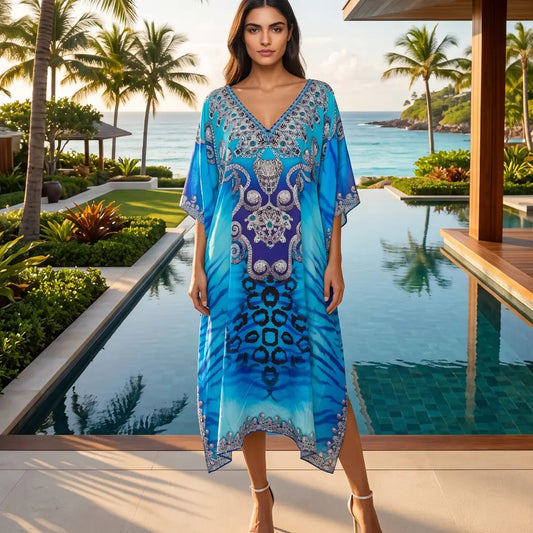 Long Silk Embellished Kaftan Reef