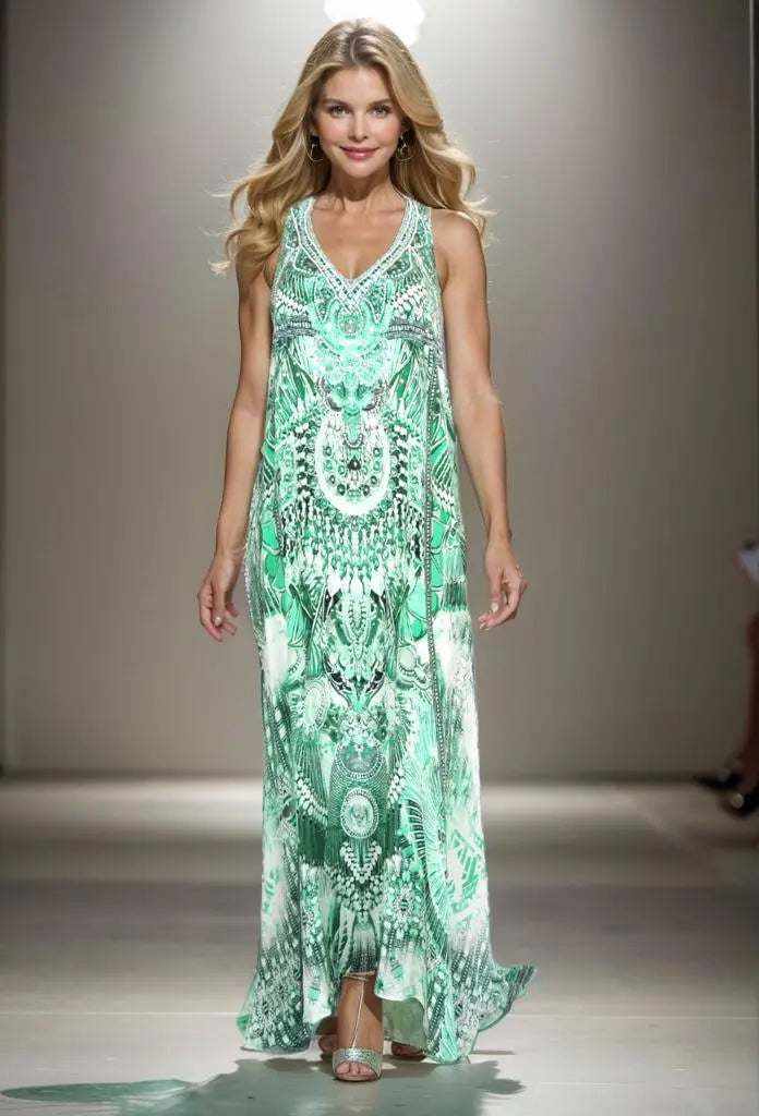 Amara Green Silk Maxi Dress with embellished racerback and intricate beadwork on runway model