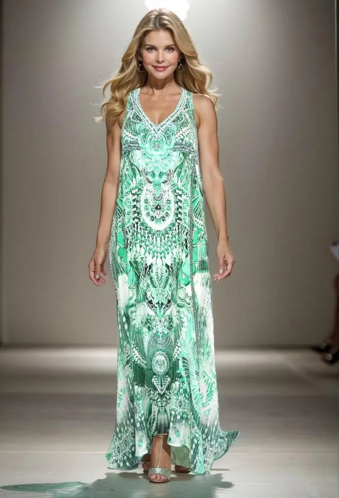 Silk Maxi Dresses Amara Green long silk Embellished racerback maxi dress fashion spectrum  Kaftans that Bling