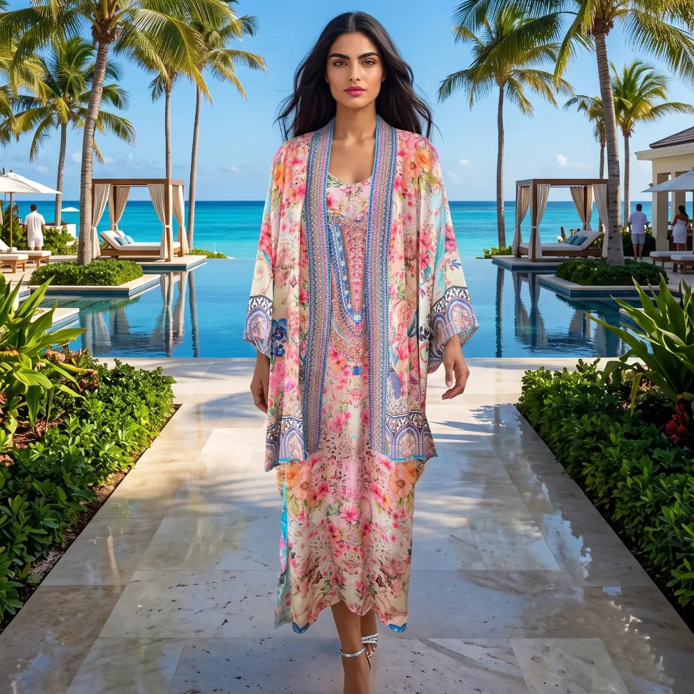 Embellished Maxi Dress with kimono