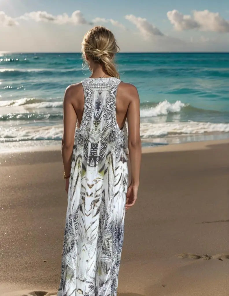 Long silk Embellished racerback maxi dress Tahiti - Kaftans that Bling