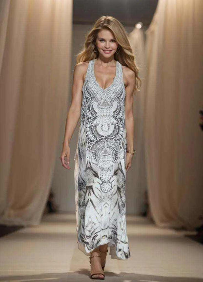 Woman wearing Tahiti Dream Silk Maxi Dress with hand-embellished racerback and white silver beadwork on runway