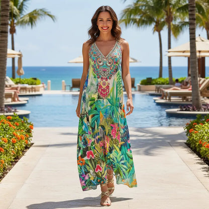 Silk Embellished Maxi Dress - 'Paradise' Print Kaftan