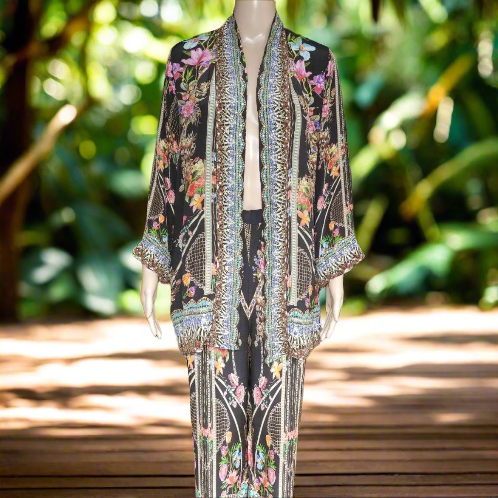 Silk Embellished Kimono Jacket- Capri