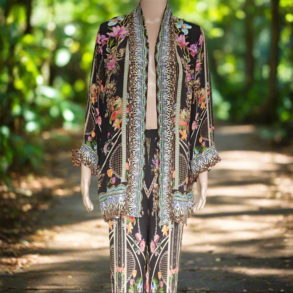 Silk Embellished Kimono Jacket- Capri