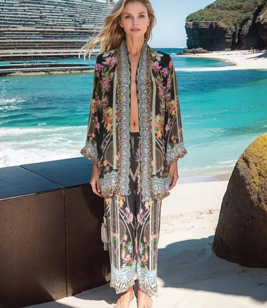 Silk Embellished Kimono Jacket- Capri