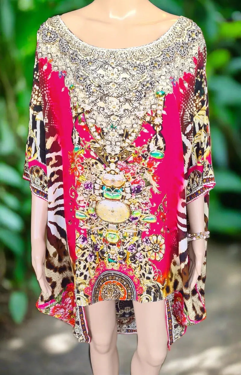 Garden Delight red Batwing Silk Embellished Hi-low Kaftan/Top by Fashion Spectrum