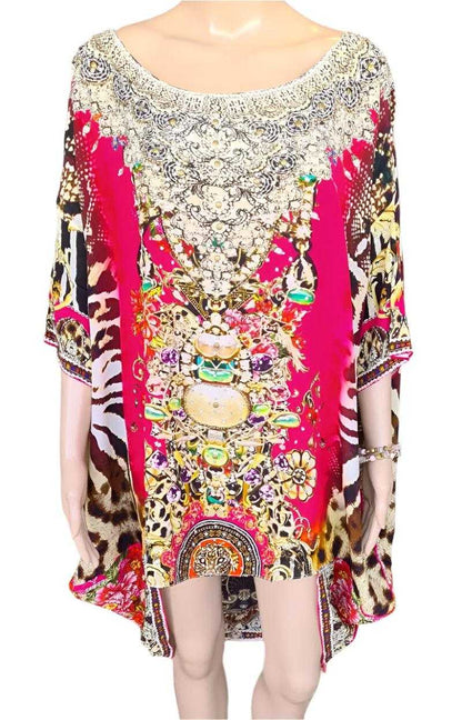 Red silk kaftan batwing top with hand-embellished beadwork and animal print design