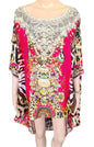 Red silk kaftan batwing top with hand-embellished beadwork and animal print design