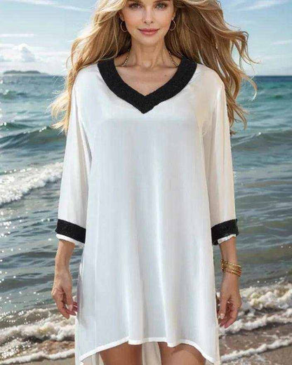 Cream Silk Beaded Tunic Top with black beaded V-neck and sleeve accents by Fashion Spectrum