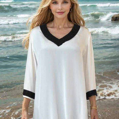 Cream Silk Beaded Tunic/Top with black beaded V-neck and 3/4 sleeves by Fashion Spectrum