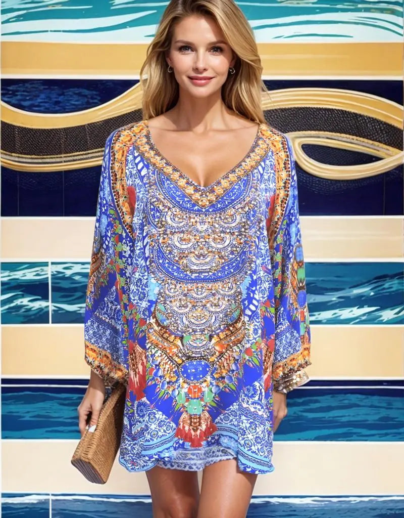 Tops Silk Embellished Gypsy Top -Paradise-Fashion Spectrum fashion spectrum  Kaftans that Bling