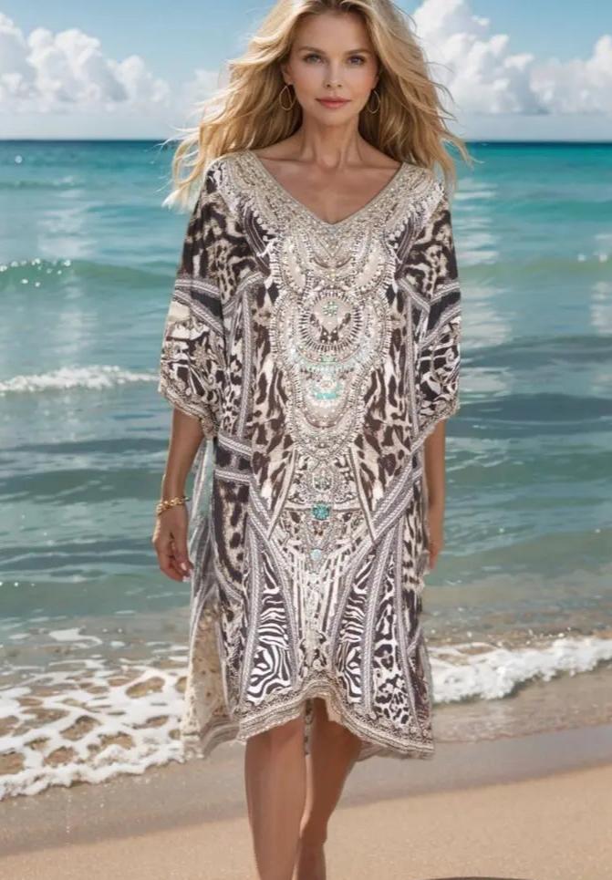 Egyptian sleeve dress Leopard 3/4 sleeve Silk/Viscose Embellished Dress Kaftans that Bling  Kaftans that Bling