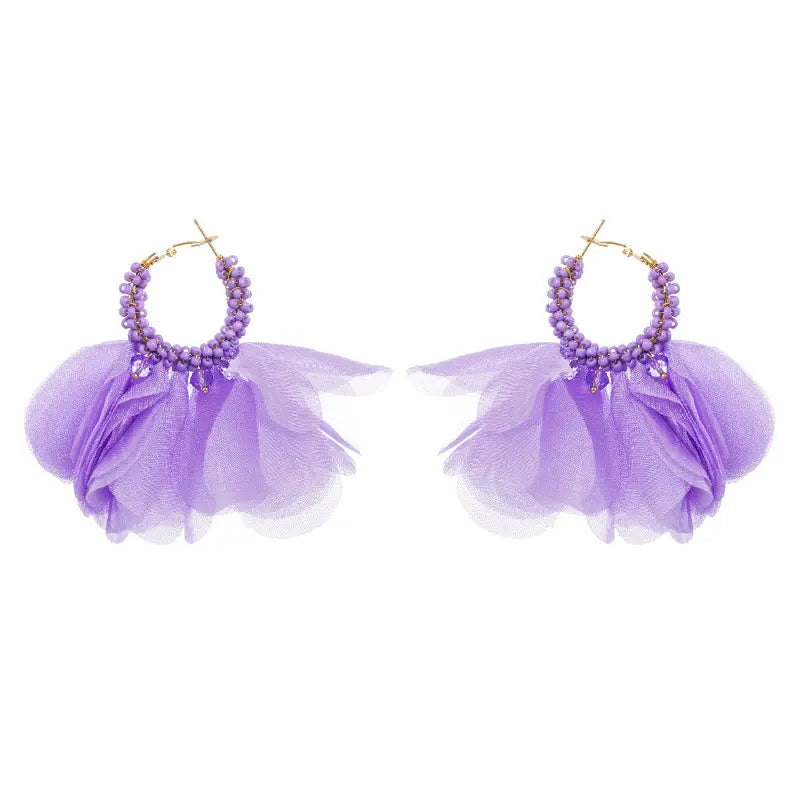 Beaded & Organza Floral Round Circle Earrings