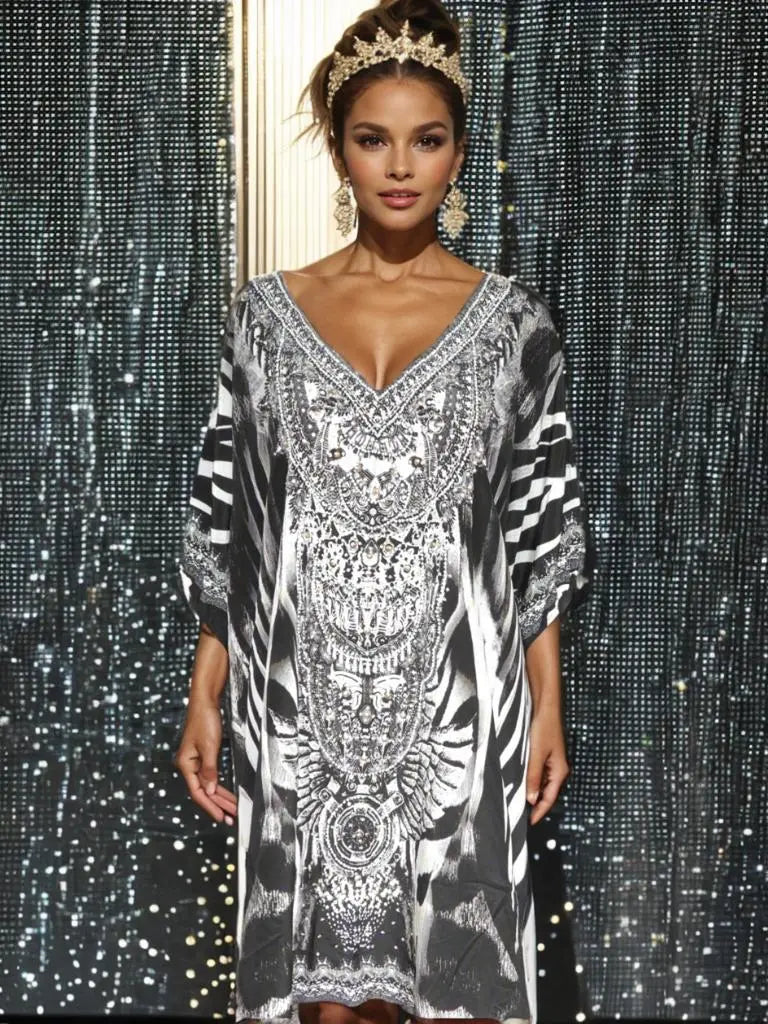 Zulu 3/4 sleeve Silk Embellished Dress - Kaftans that Bling