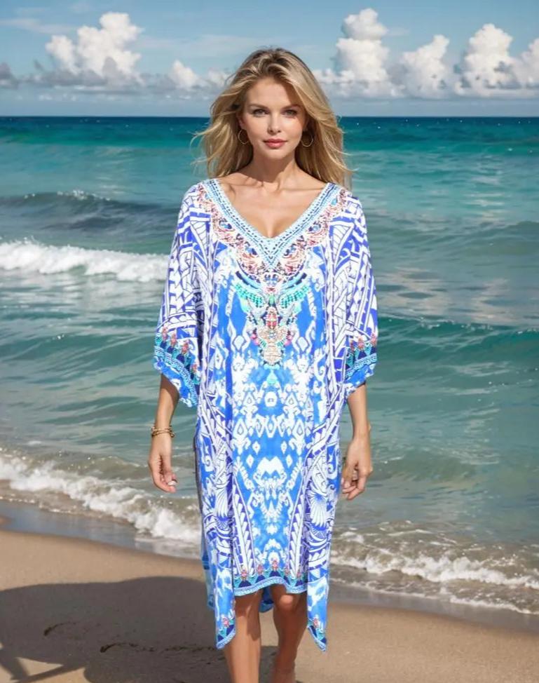 3/4 sleeve Embellished Dress Geo - Kaftans that Bling