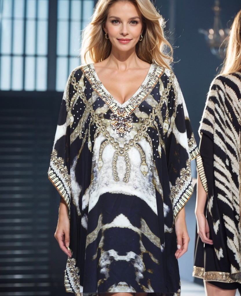 Silk Embellished Long Kaftan Snow Leopard