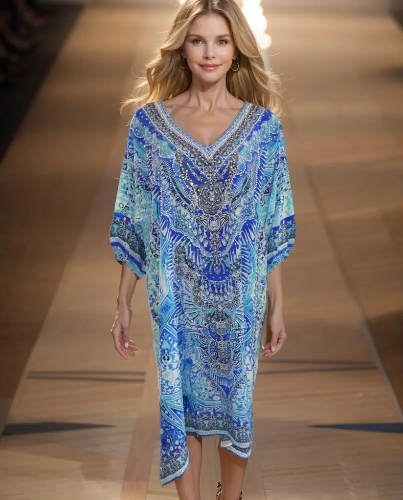 3/4 sleeve Silk Embellished Dress Egyptian blue - Kaftans that Bling