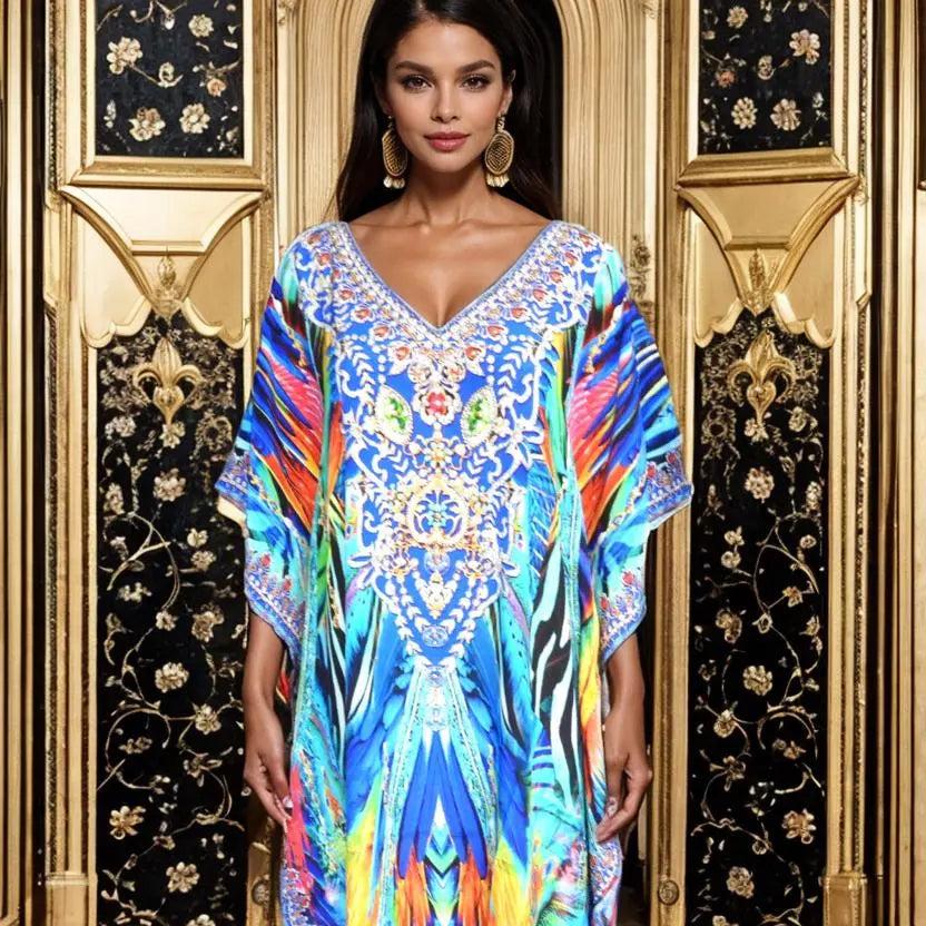 Peacock Long Silk Embellished Box Kaftan - Kaftans that Bling