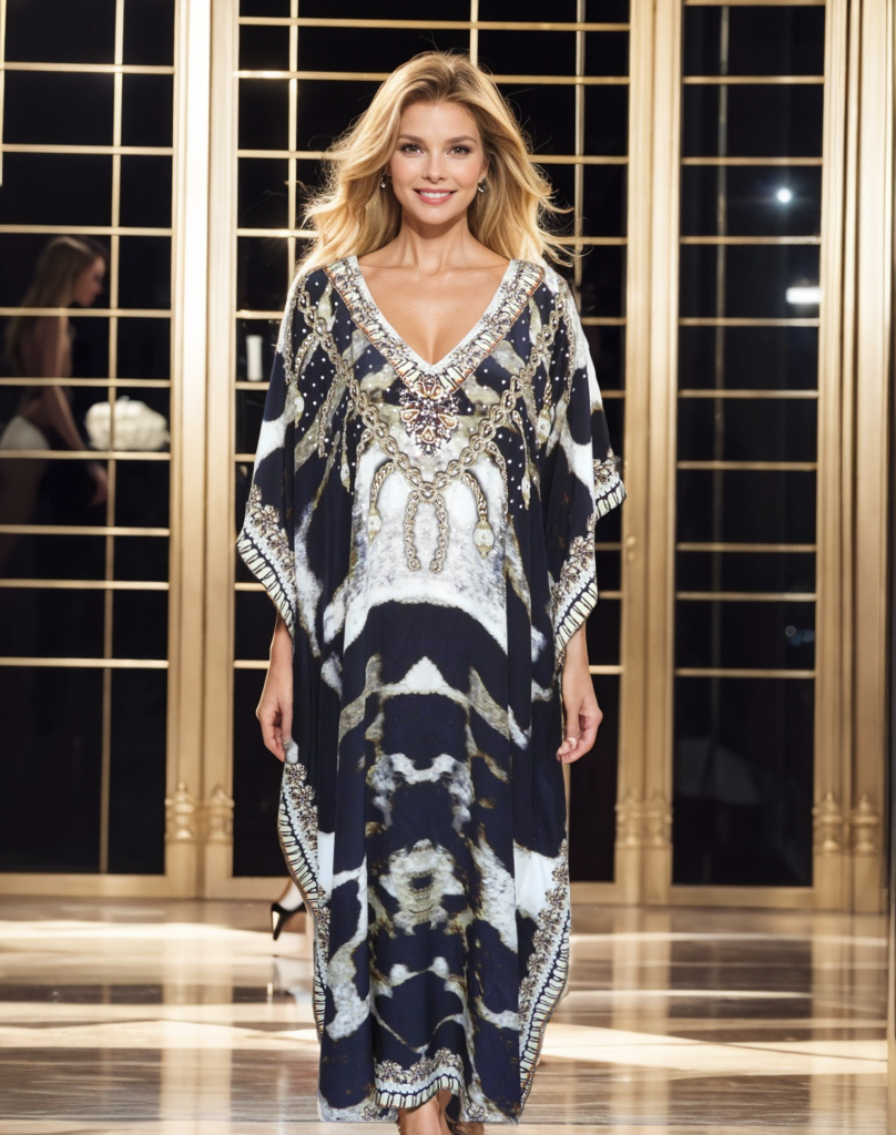 Silk Embellished Long Kaftan Snow Leopard