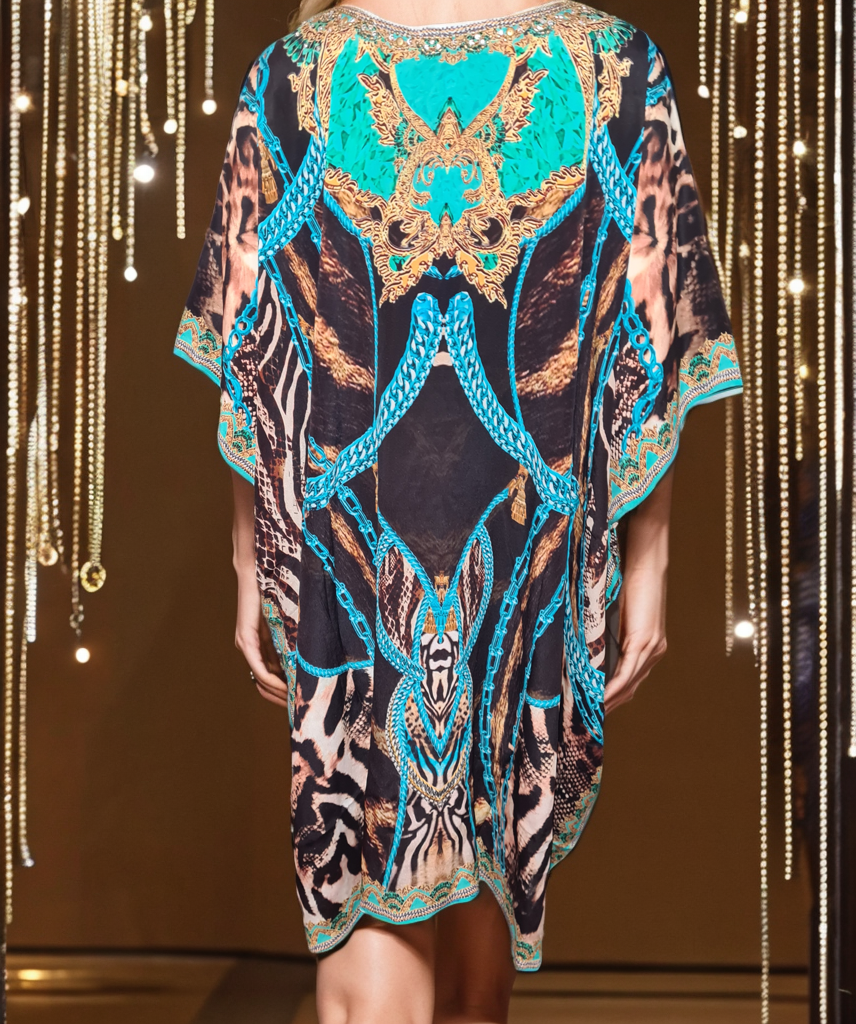 Short Silk Embellished Box Kaftan Aqua Leopard