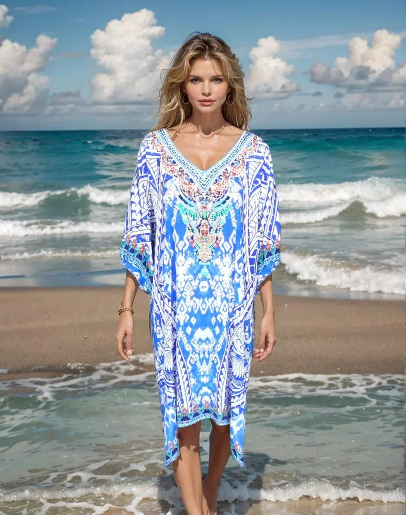 3/4 sleeve Embellished Dress Geo - Kaftans that Bling