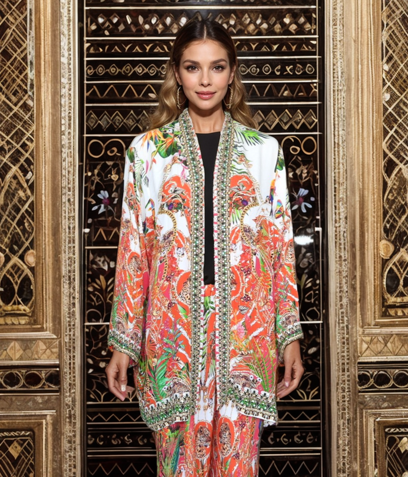 Silk Embellished Kimono jacket Tropical