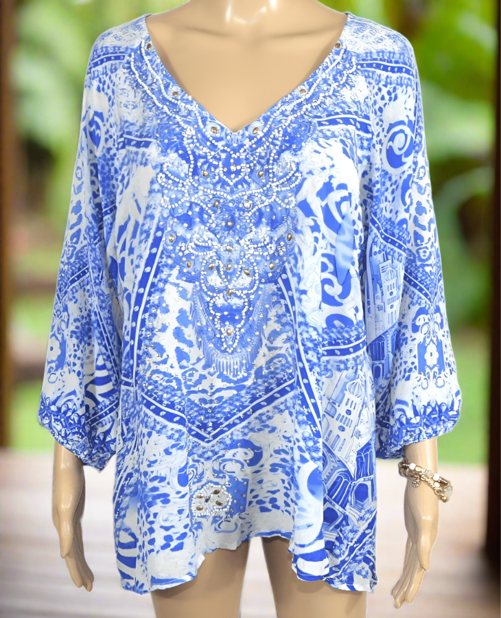 Silk Embellished Gypsy Top -Lima Blue-Fashion Spectrum - Kaftans that Bling