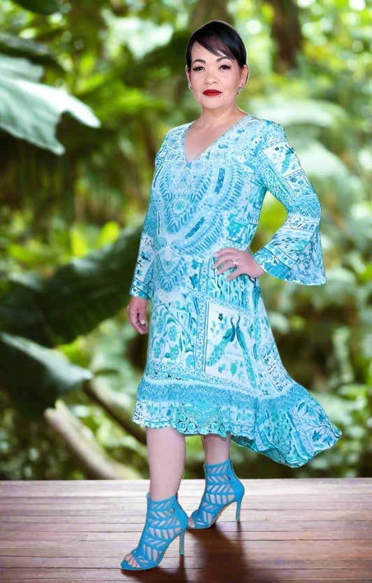 Silk Hi-Low Frill Dress - Peacock - by Fashion Spectrum - Kaftans that Bling