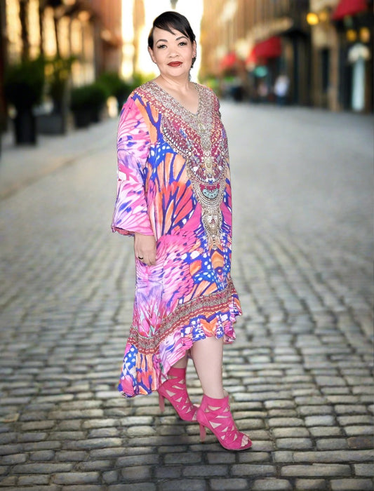 Silk Hi-Low Frill Dress - Butterfly-Pink-Fashion Spectrum - Kaftans that Bling