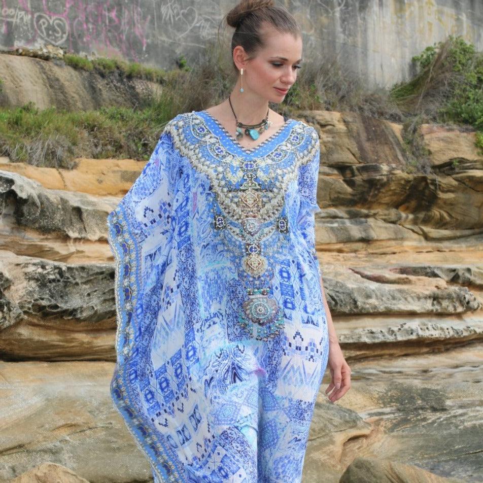 Femme Fatale short silk embellished Kaftan - by Fashion Spectrum - Kaftans that Bling