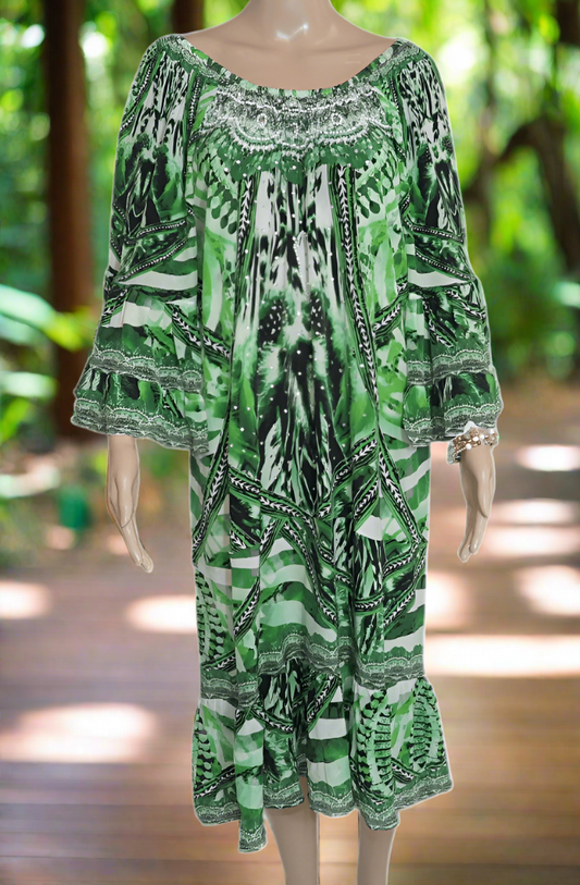 Saffron Green Silk Embellished Gypsy Dress by Fashion Spectrum - Kaftans that Bling
