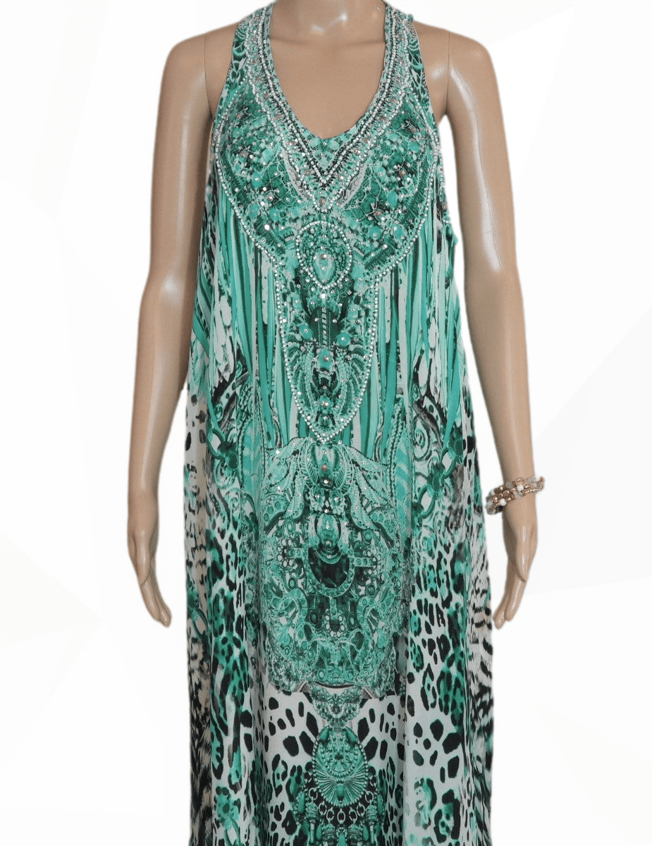 Cheetah Green long silk Embellished racerback maxi dress by Fashion Spectrum - Kaftans that Bling