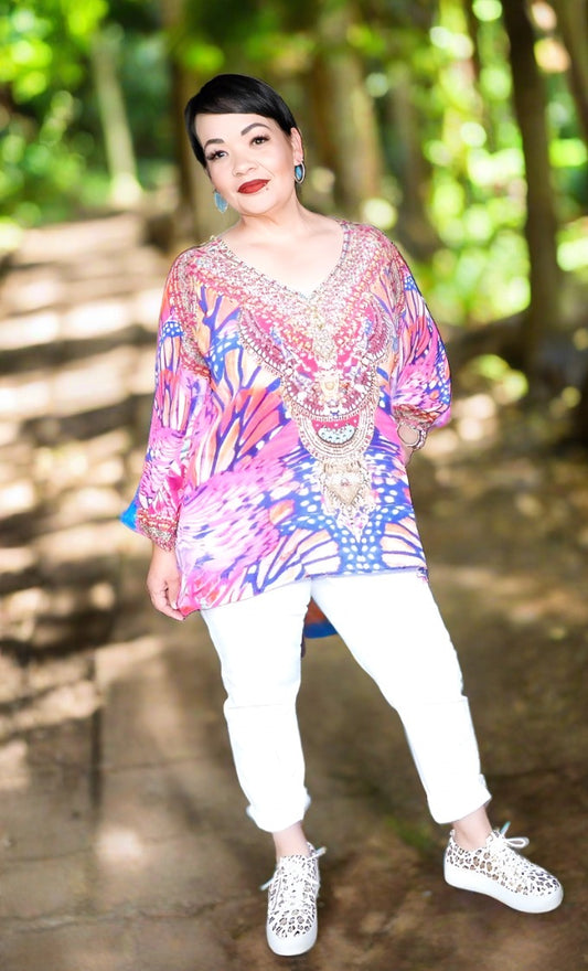 Silk Embellished Gypsy Top - Butterfly Pink-Fashion Spectrum - Kaftans that Bling