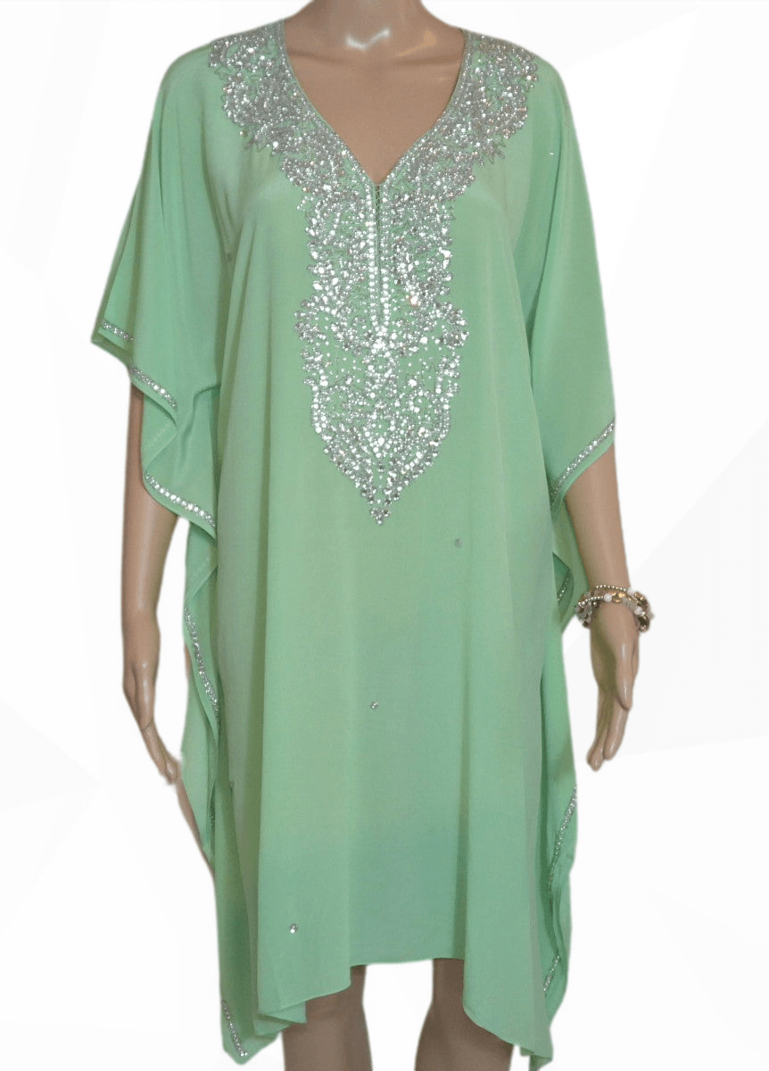 Soft Green Short Silk Embellished Kaftan Dress - by Fashion Spectrum - Kaftans that Bling