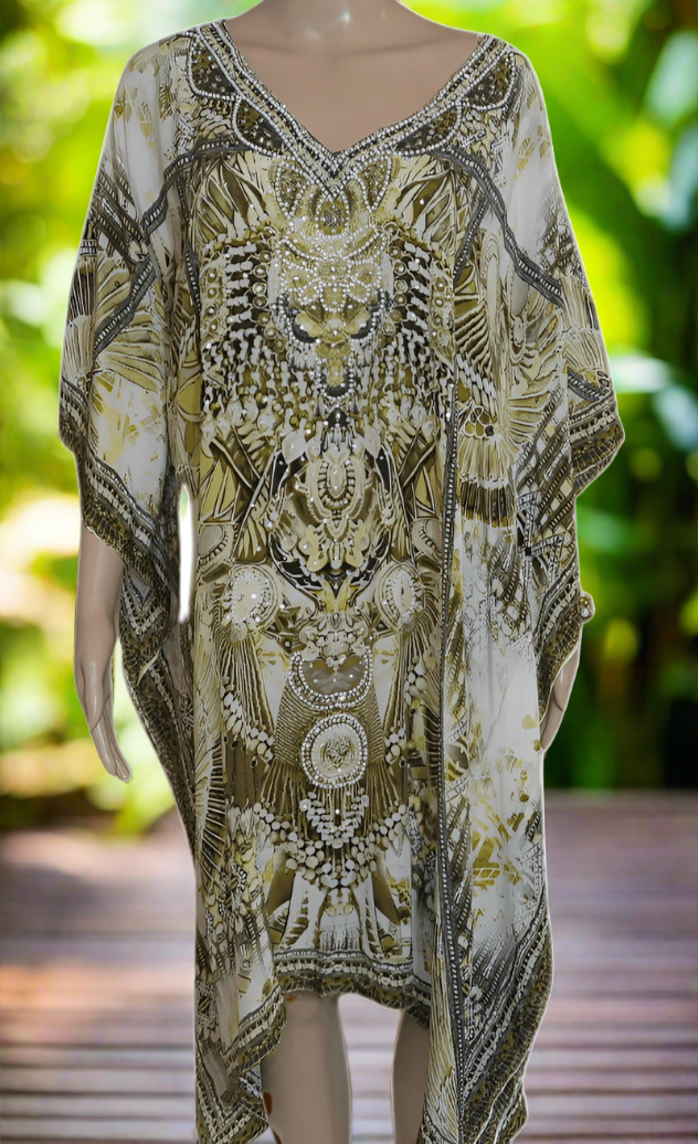 Amara Khaki short silk embellished Kaftan - by Fashion Spectrum - Kaftans that Bling